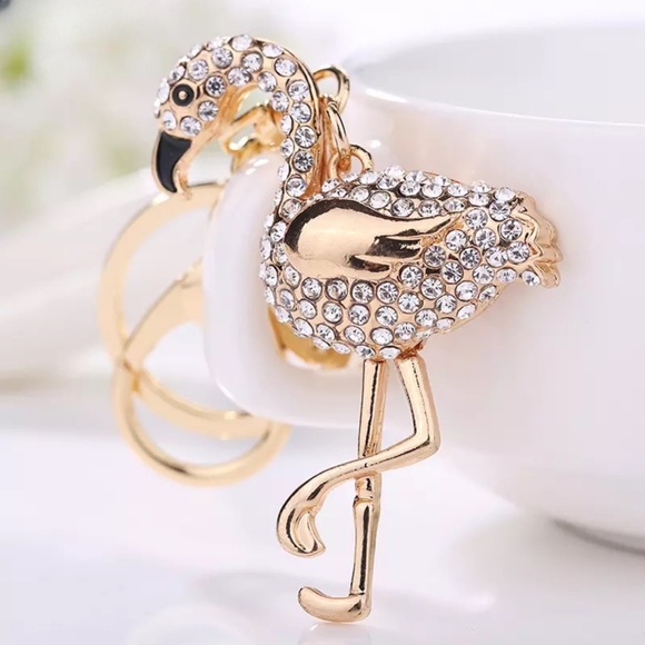 Whimsical Gold & Silver Crystal Flamingo Keychain Charm - Picture 3 of 14